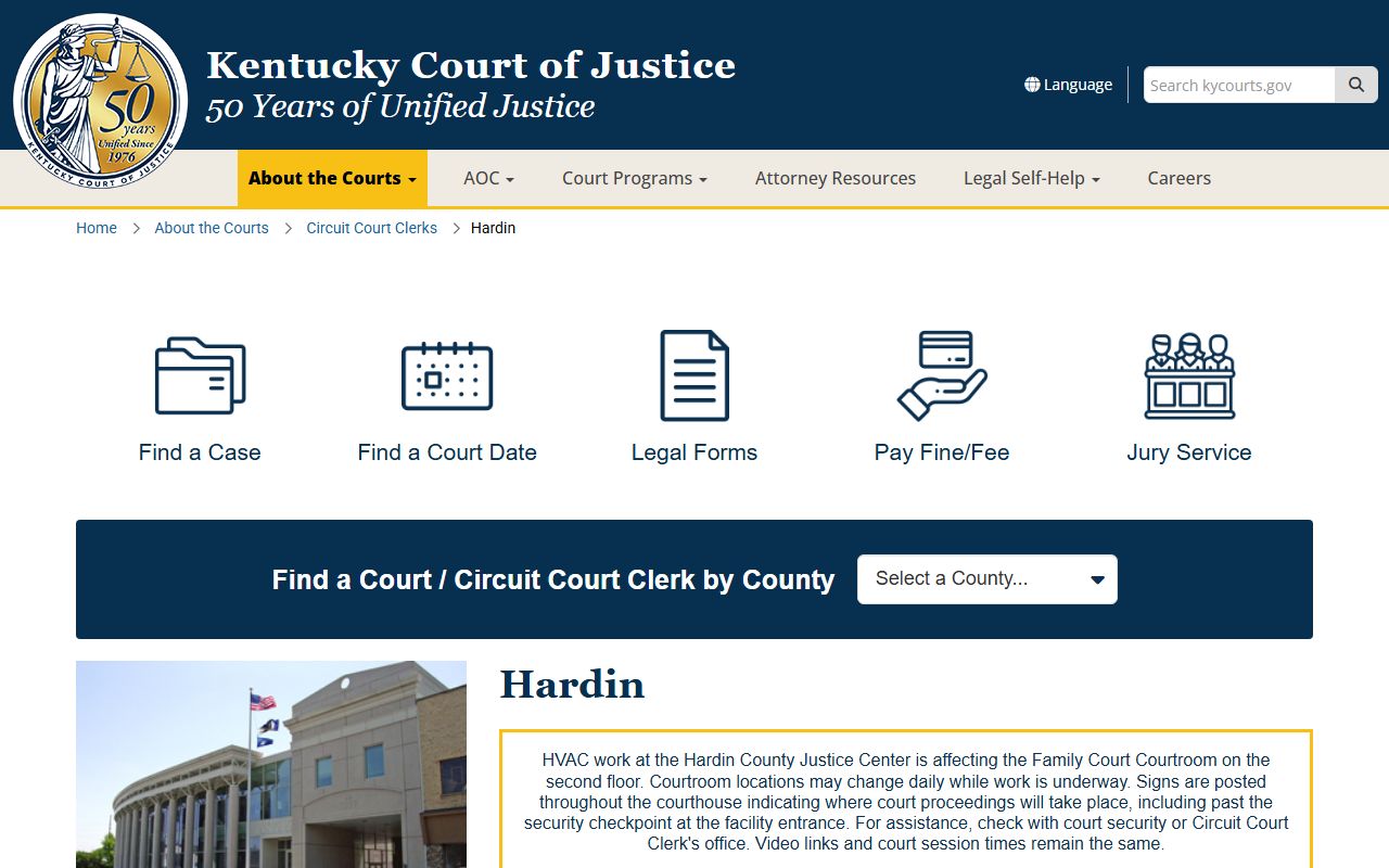 Kentucky Court of Justice Hardin County information page for court records after an arrest