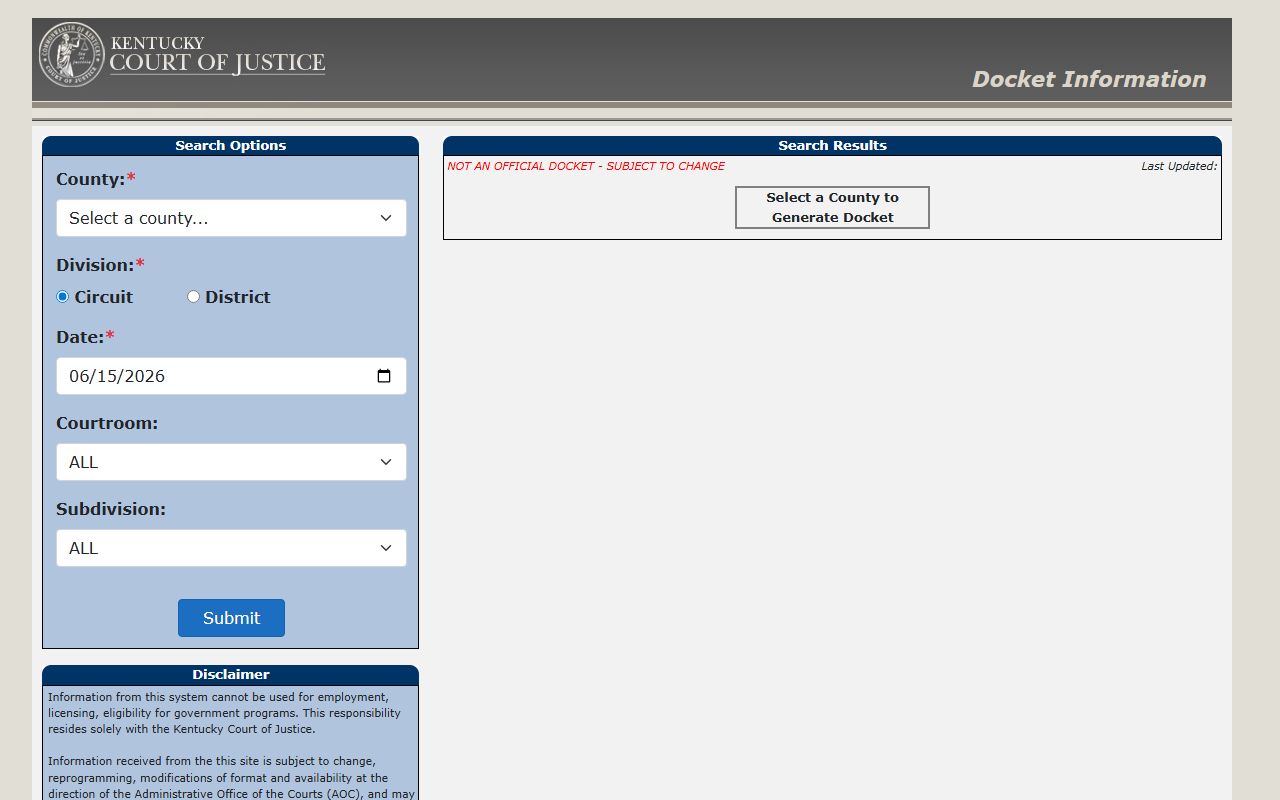 Kentucky court docket search fields for Hardin County court records after arrest