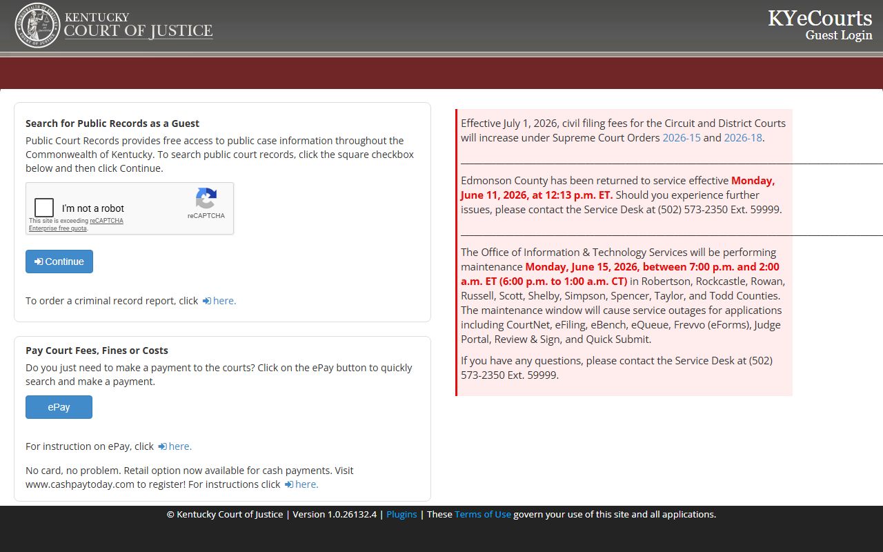 KYeCourts guest login page for searching public court records after a Hardin County arrest